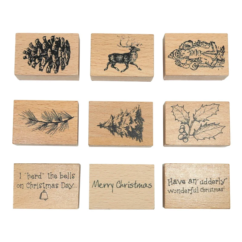 

9 Pcs Christmas Rubber Stamp Set Wooden Christmas Rubber Stamps for Craft DIY Card and Scrapbooking(Simple Style) For notebook