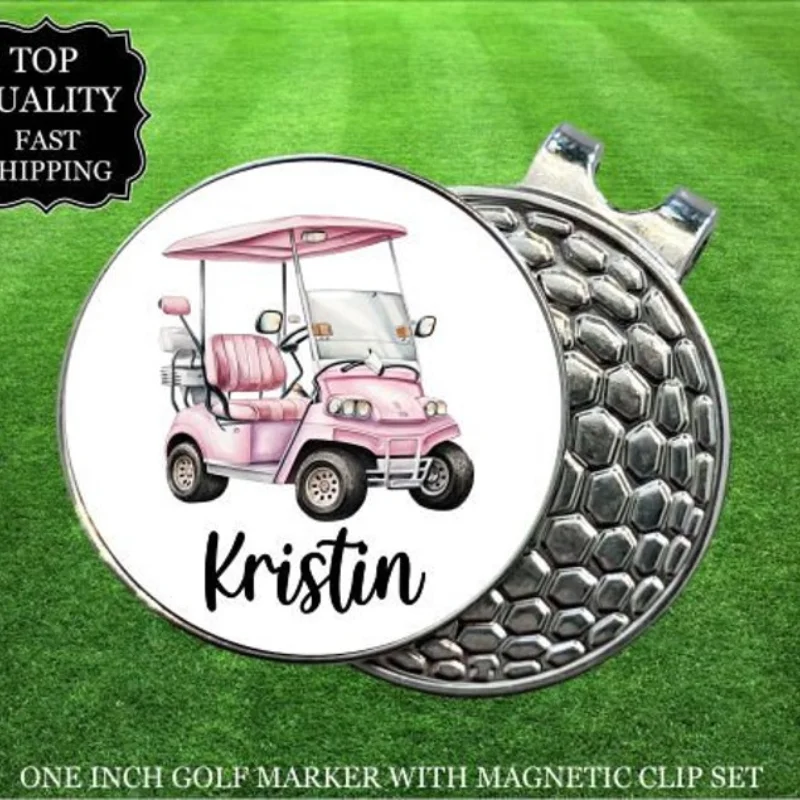 Personalized Pink Golf Cart Golf Marker, golf le fleur ball marker, push rod, push rod alignment, aiming at the hat clip