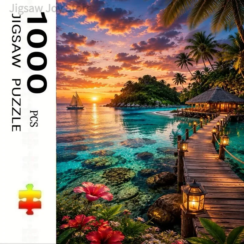 Landscape Floral Jigsaw Puzzle, Tropical Island Dusk, Window Peonies, White Calla Lily, Japanese Maple Hut, 500-2000Pcs