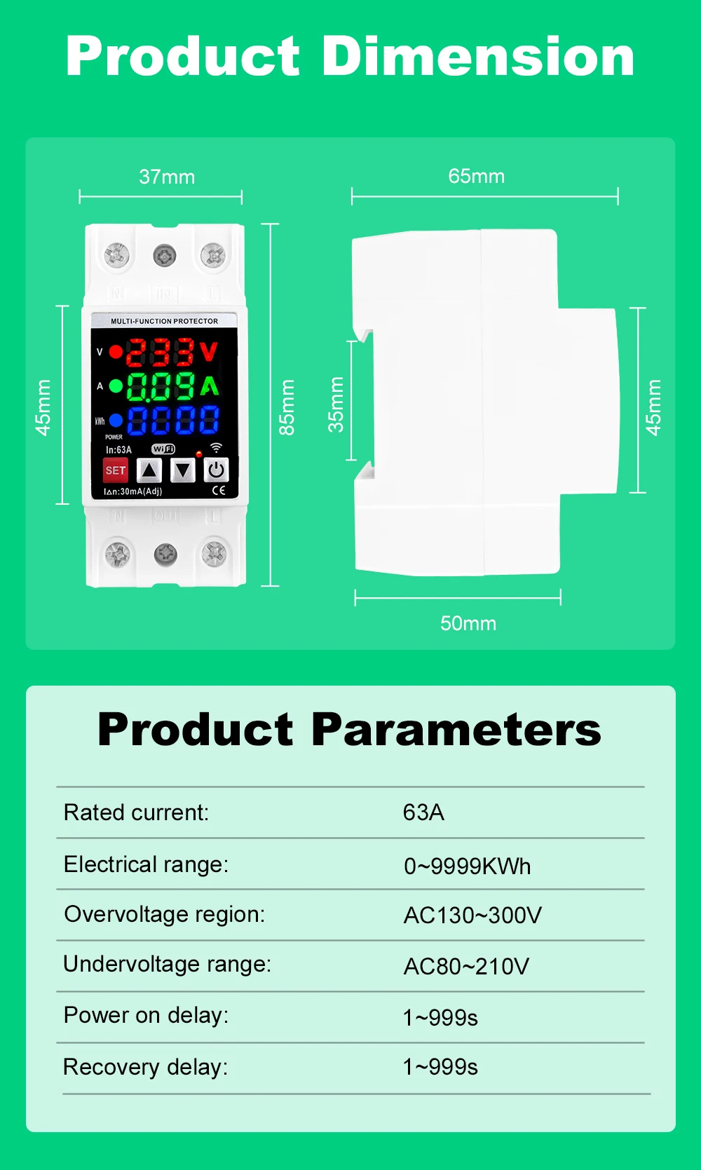 MANHOT Smart WiFi Leistungsschalter 2P 63A mit Leck-, Temperatur-, Spannungs- und Stromschutz, Energiezähler, kompatibel mit Tuya Alexa – Detail 23