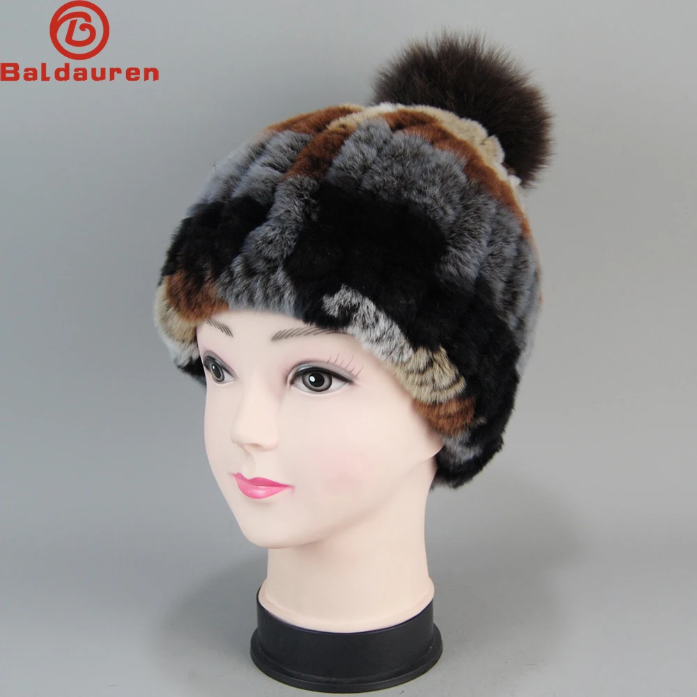 

Winter Natural Real Rex Rabbit Fur Hat Women Elastic Warm Handmade Knitted Real Rex Rabbit Fur Caps Fox Fur Pompoms Beanies Cap