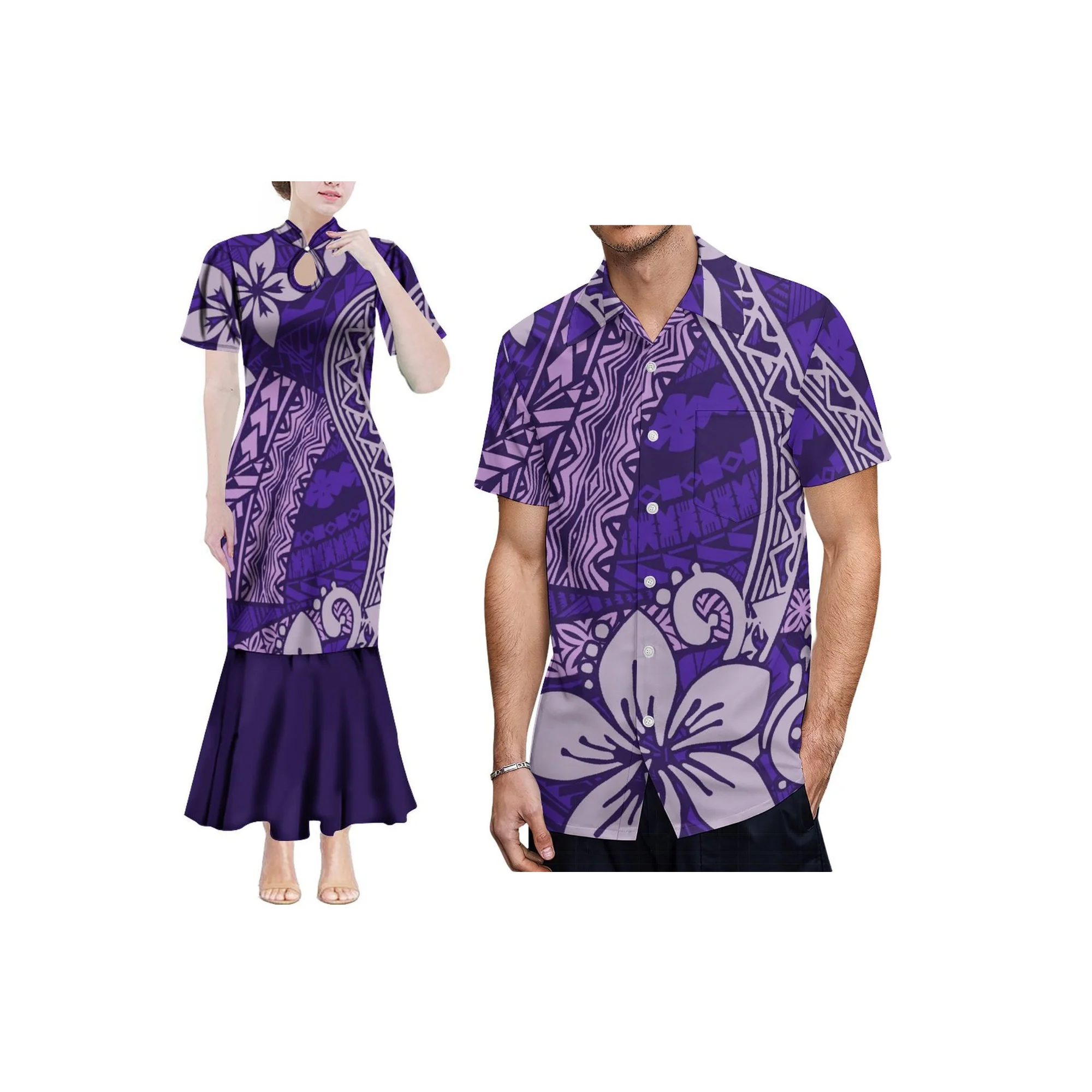 New Arrivals Custom Pacific Island Design Mandarin Collar Short Sleeve Ladies Dress Water Drop Design Fishtail Evening Dress