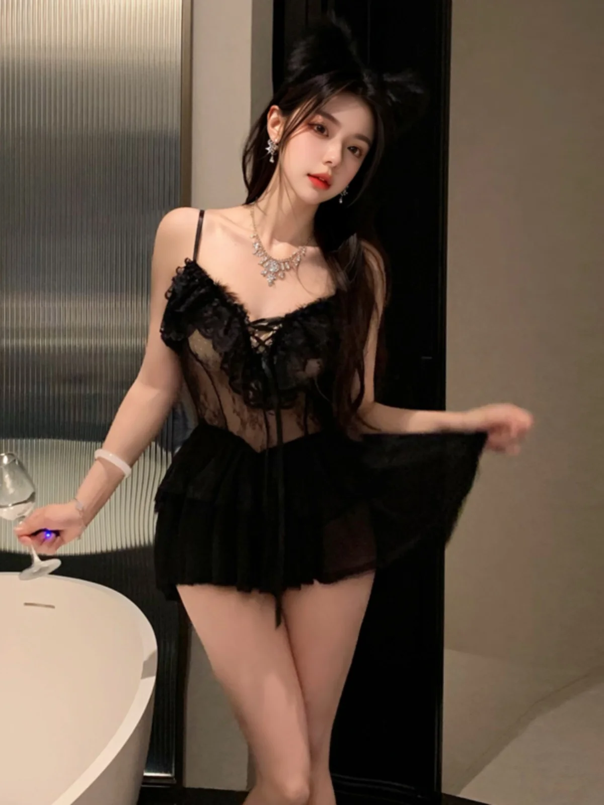 

Сексуальная кружевная отделка ter Dr Ночная рубашка с вырезом Ba See tough Me ort Юбка V Ne Высокая талия Полиэфирное волокно Летняя D...