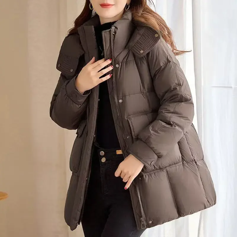 Women Mid Length Down Coat Detachable Big Hood Stand Collar Multi Pocket Loose Quilted Warm Winter Puffer Jacket Outerwear
