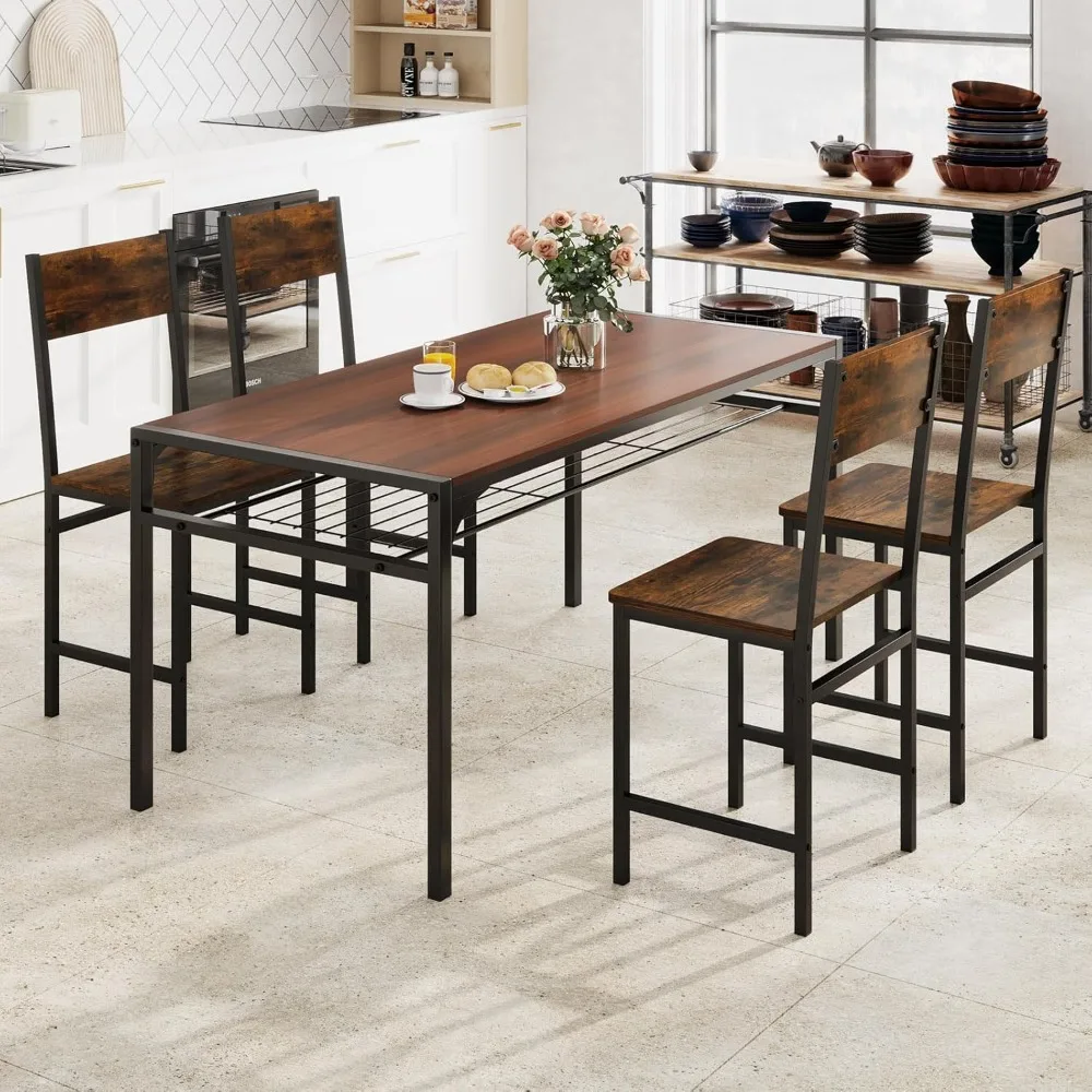 Sedie da pranzo industriali in 4 pezzi: gambe in metallo e venature del legno rustico, schienale inclinato