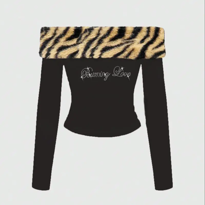 T-shirt da donna a maniche lunghe slim con spalle scoperte e collo in pelliccia con stampa leopardata in stile ragazza piccante autunnale