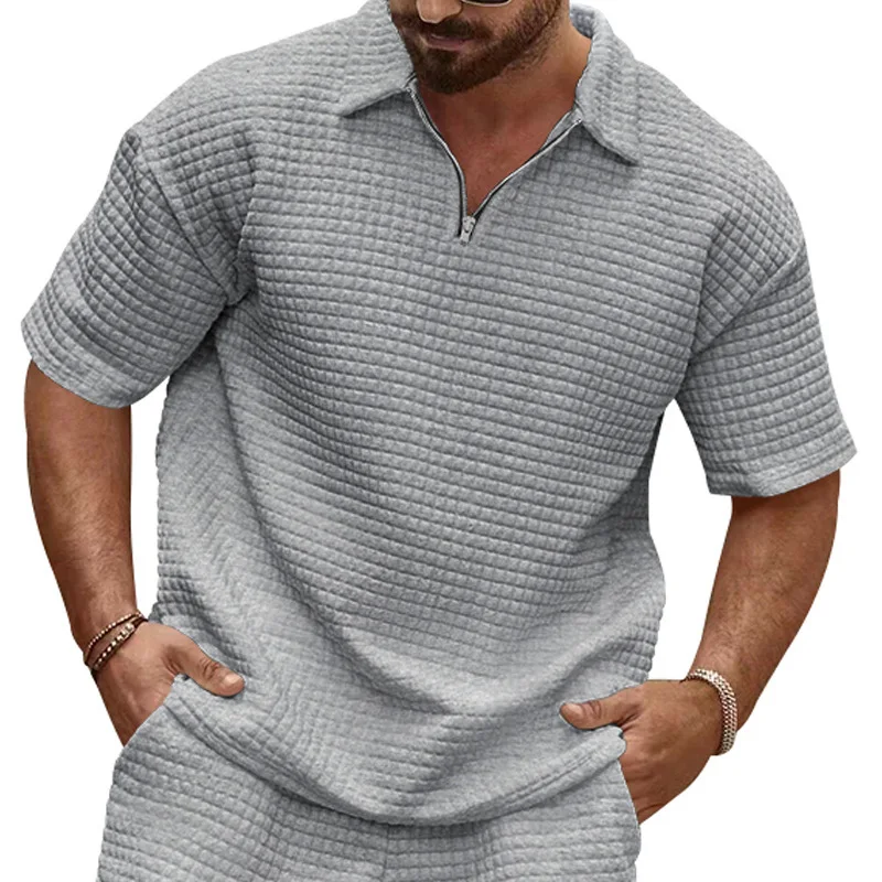 2024 summer new men\'s casual and comfortable small square solid color lapel sports short sleeves