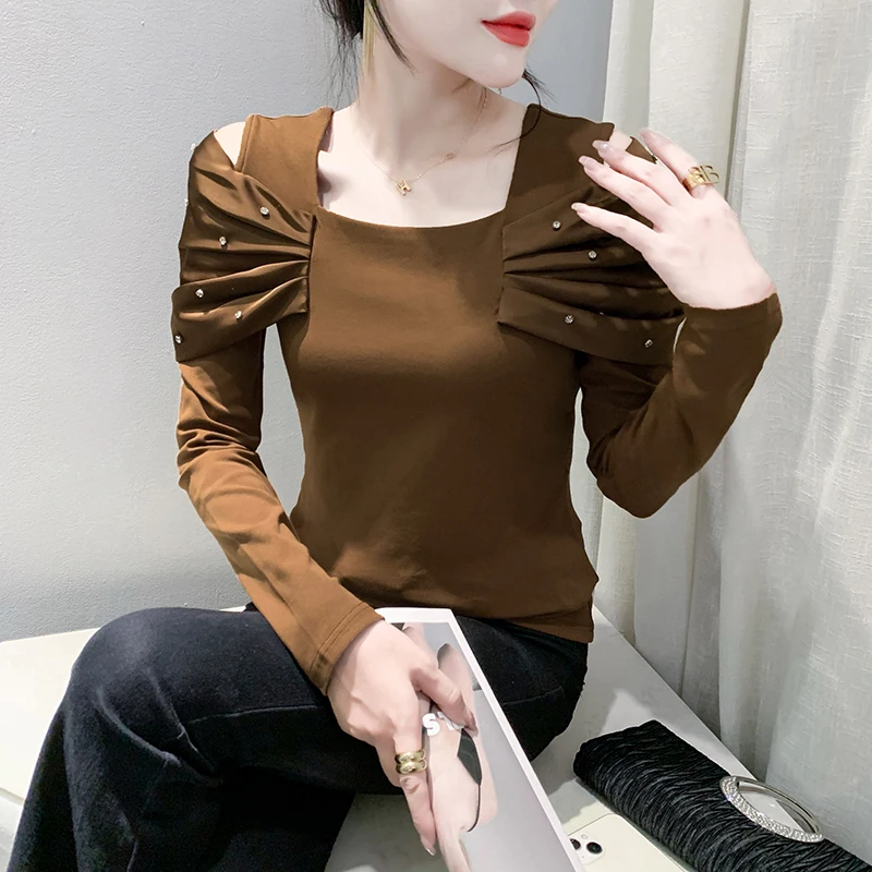 2023 New Fall Winter European Style Cotton T-Shirt Fashion Sexy Off Shoulder Shiny Rivet Slim Women Tops Long Sleeve Tees 30018