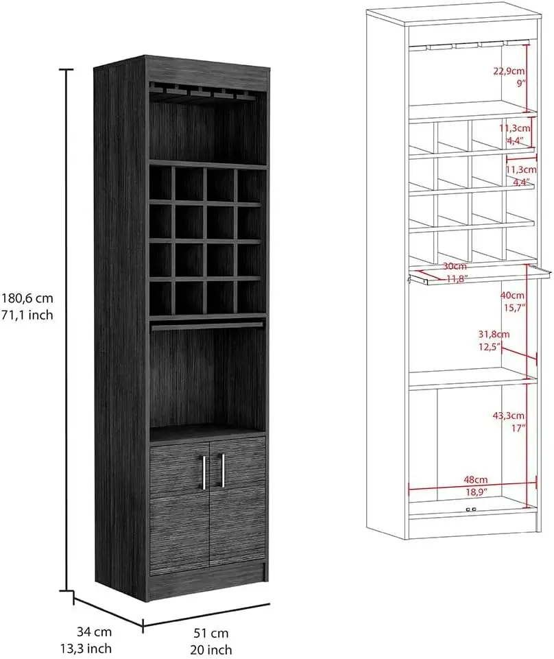 Tall Bar Cabinet With 16 Wine Racks And Glasses Holder, Farmhouse Liquor Cabinet With 2 Doors, Open Shelf, Pull-Out Tray,