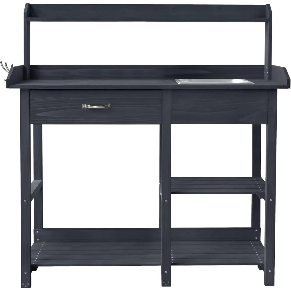 

Outdoor Wooden Potting Bench, Wood Garden Horticulture Workstation with Removable Stainless Sink, Shelves, Drawers & Hooks