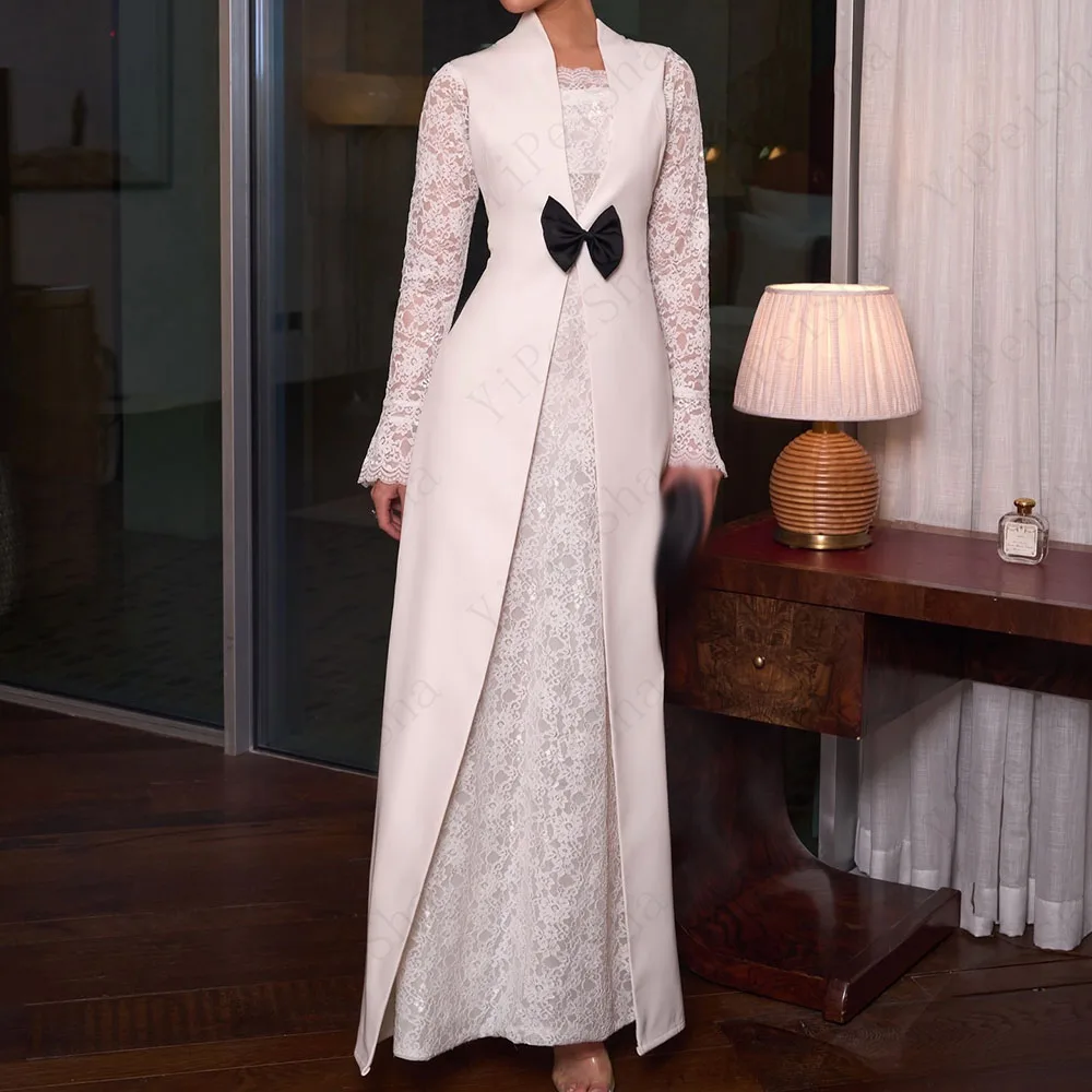 

Customized A-Line Prom Dresses Ankle-Length Square Collar Full Sleeve Evening Gown Simple Fashion Bow Lace Draped Party Gown