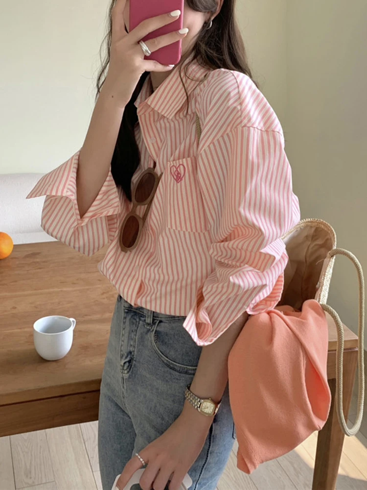 New Spring Drop Sleeve Pink Striped Embroidery Women Shirt Single Breasted Fashion Female Shirts Chicly Casual Office Lady Style