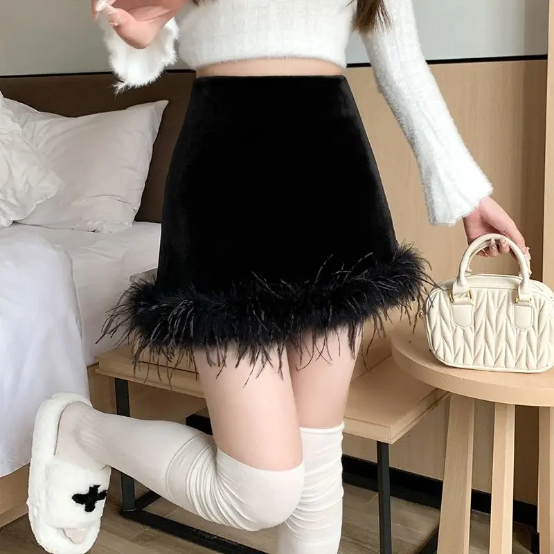 Sweet Fashion Autumn Winter Velvet Women Solid Zipper Patchwork Korean Temperament High Waist Slim Short A-line Hip Wrap Skirt