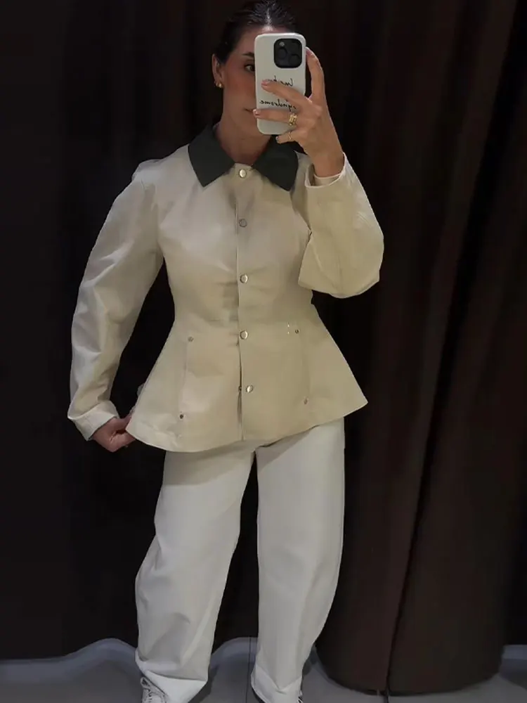 Damenmäntel mit Taillierung, Paneelkragen, Einreiher-Jacke, Retro-Büro-Lady-Stil, Revers, Langarm, Schlanke Oberteile, Neue Oberbekleidung – Detail 12