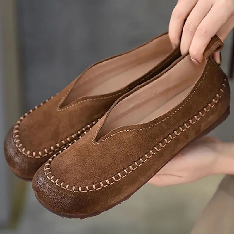 Faux Suede Leather Ballet Flats Women\'s Round Toe Loafers Woman V Cut Flat Shoes Female Brown Moccasins Ladies Slip On Shoes New