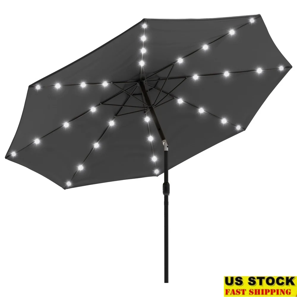 

10ft Patio Umbrella with Solar LED Lights UV30 Protection Adjustable Tilt Crank Handle Durable Steel Frame Outdoor Canopy