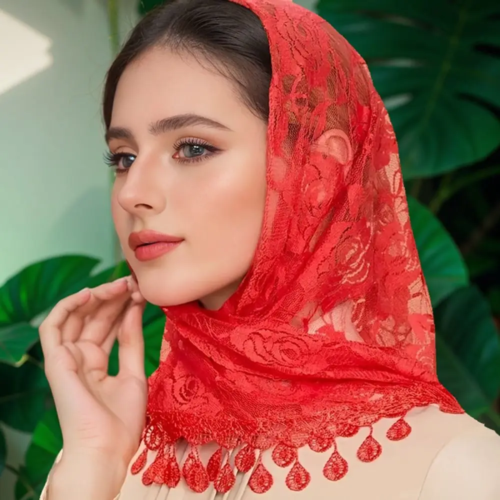Vintage Breathable Tassels Lace Head Scarf Embroidery Elegant Lace Flower Head Cover Headwrap Church