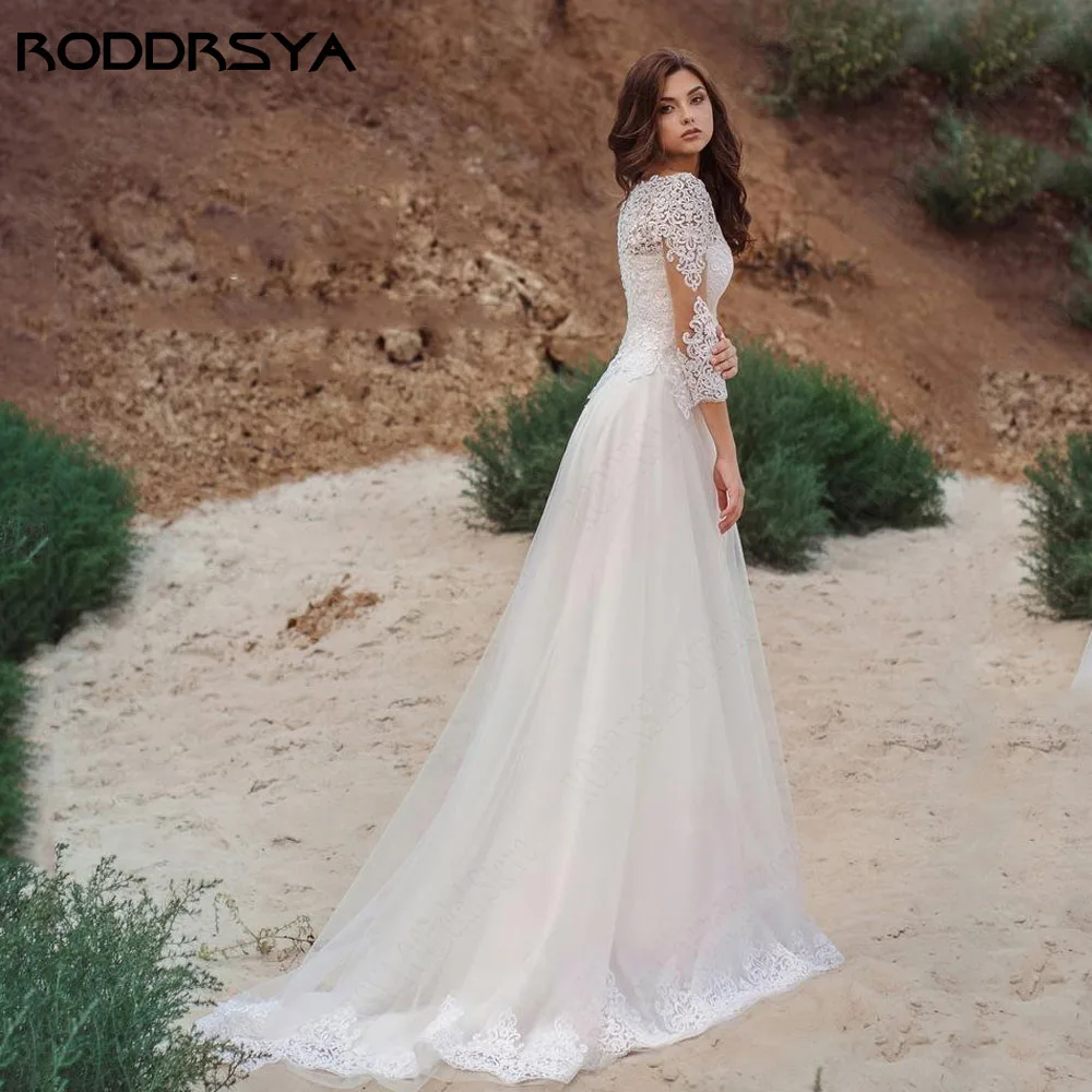 Gaun pernikahan renda putri RODDRSYA gaun pengantin Applique leher V lengan 3/4 gaun pengantin A-Line sendok sipil buatan khusus Vestidos De Novia