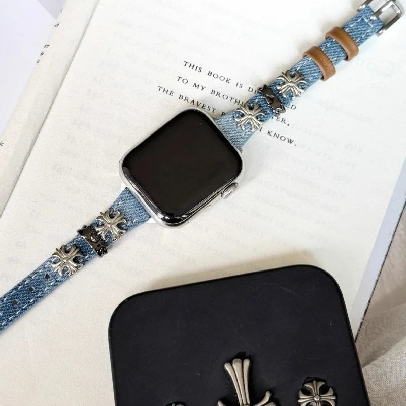 

Изысканный джинсовый ремешок, совместимый с ремешком iWatch 38 мм, 40 мм, 41 мм, 42 мм, 44 мм, 45 мм, 49 мм, модный ремешок ручной работы