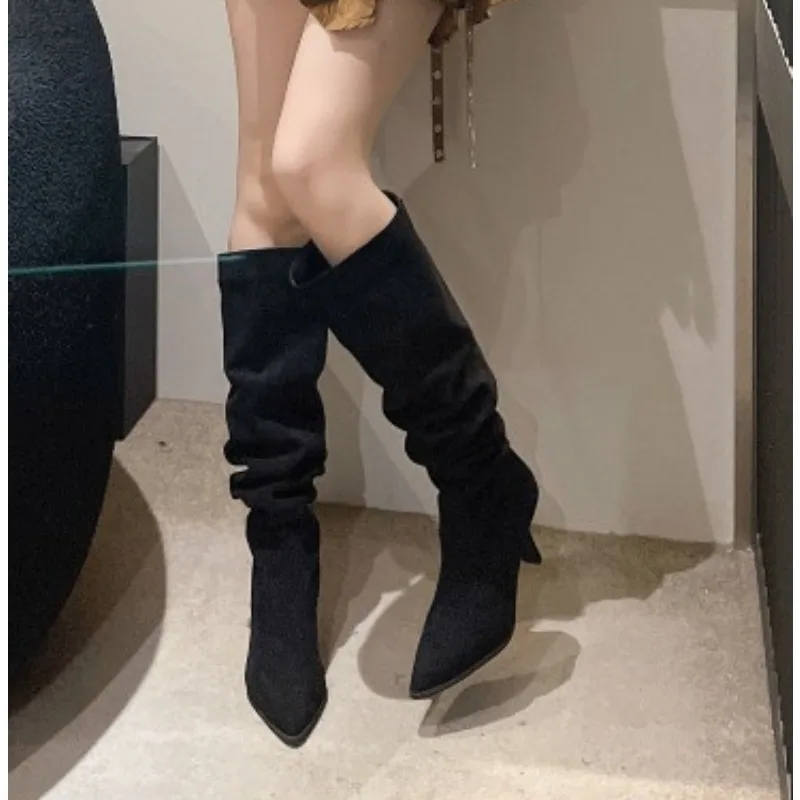 

2024 Women's Boots Winter Knee High Shaft Heels Footwear Long Shoes for Woman Elegant Heeled Elastic Pointed Toe Goth New in