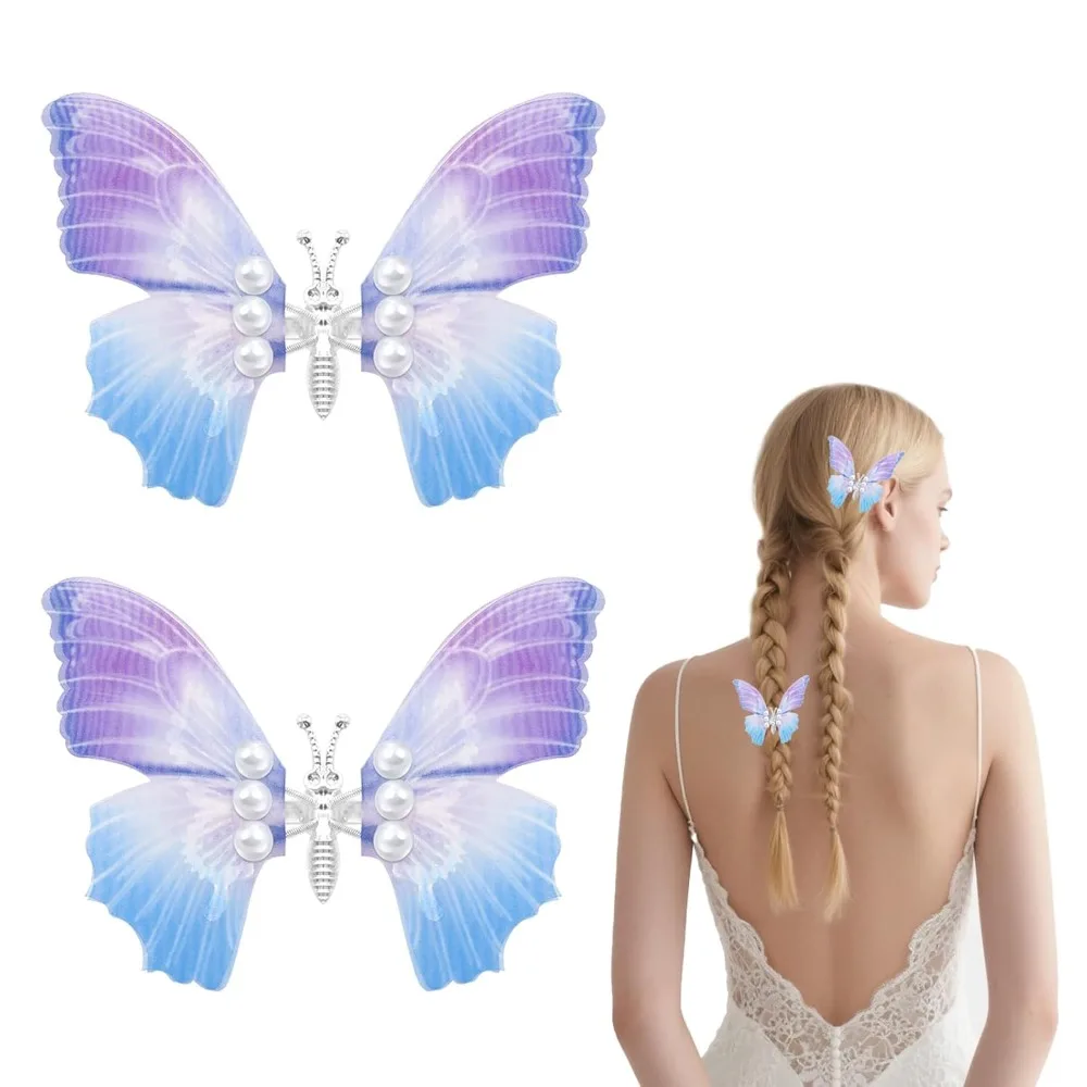 

2Pcs Butterfly Hair Clips, Blue and Purple Gradient Tulle Pearl Butterfly Barrettes 3D Moving Wings Butterflies Cute Hair