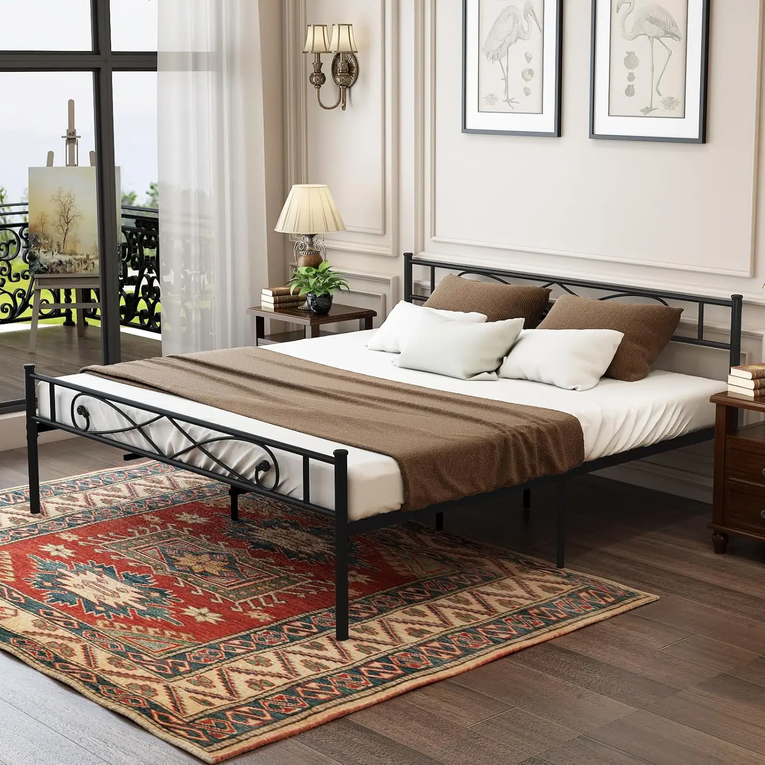 

King Metal Platform Bed Frame With Headboard,Heavy Duty Steel Slat Support,Mattress Foundation,Under Bed Storage,No Box Spring
