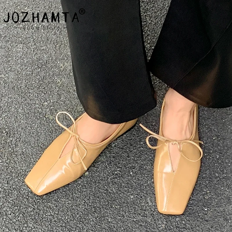 JOZHAMTA Women Casual Flats Shoes Real Leather Cute Bow Lace Up Low Heels Shoes Vintage Square Toe Daily Office Dress Size 34-40