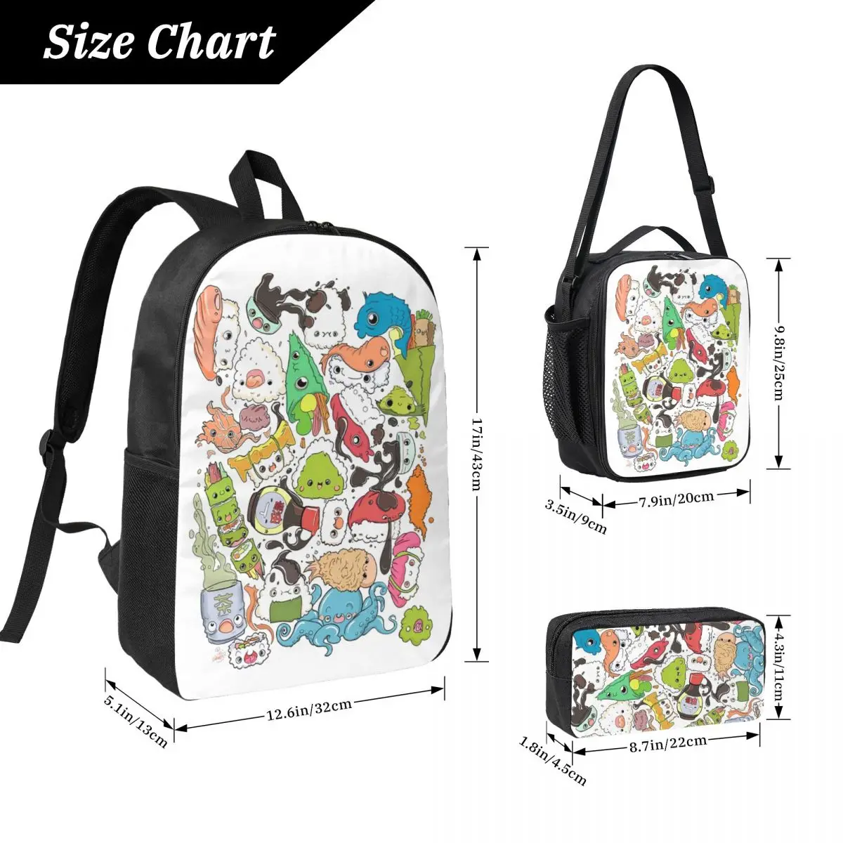 Sushi Bar The Point Of Nori-turn Backpack Student Boy Girls BookBag School Bag Shoulder Bags 3ps Insulated Lunch Bag Pencil Case