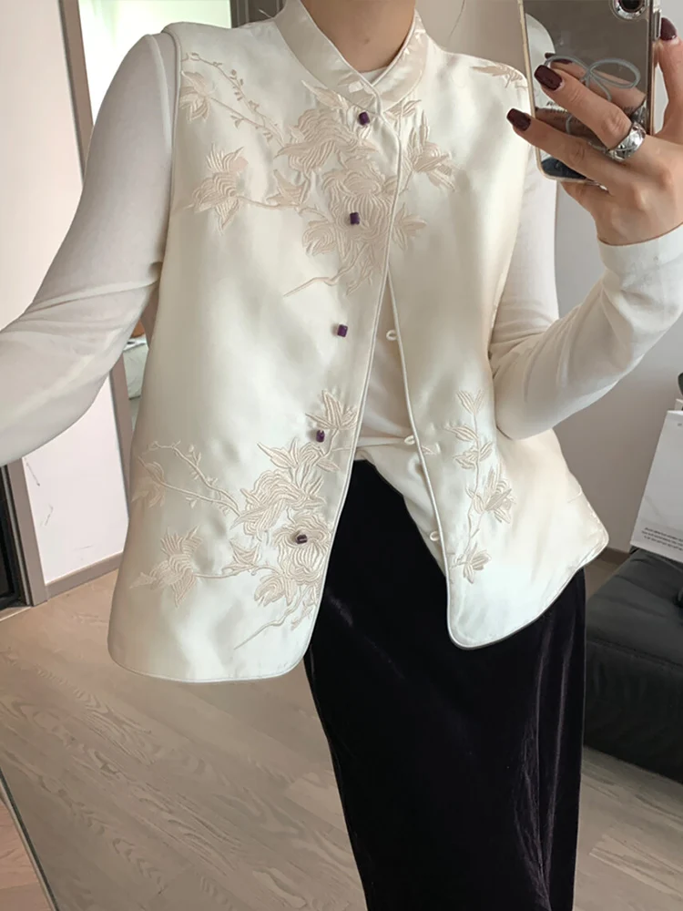 

Retro Chinese Sle Satin Embroidered Floral Jaet Women's Design Sense Small Stand Collar Button Bal Vest Top