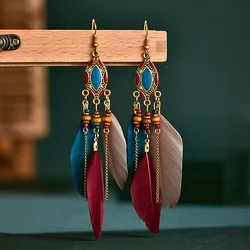New Ethnic Long Feather Dangle Earrings For Women Bohemian Tassel Beads Handmade Enamel Earrings Girl Bride Wedding Jewelry