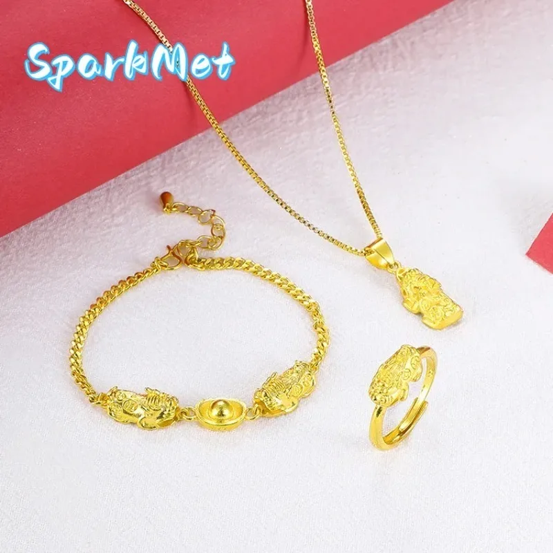 

Sparkmet Pixiu Pendant Set 9999 24K Real Gold Women's Gold Ingot Leather Mound Bracelet Ring