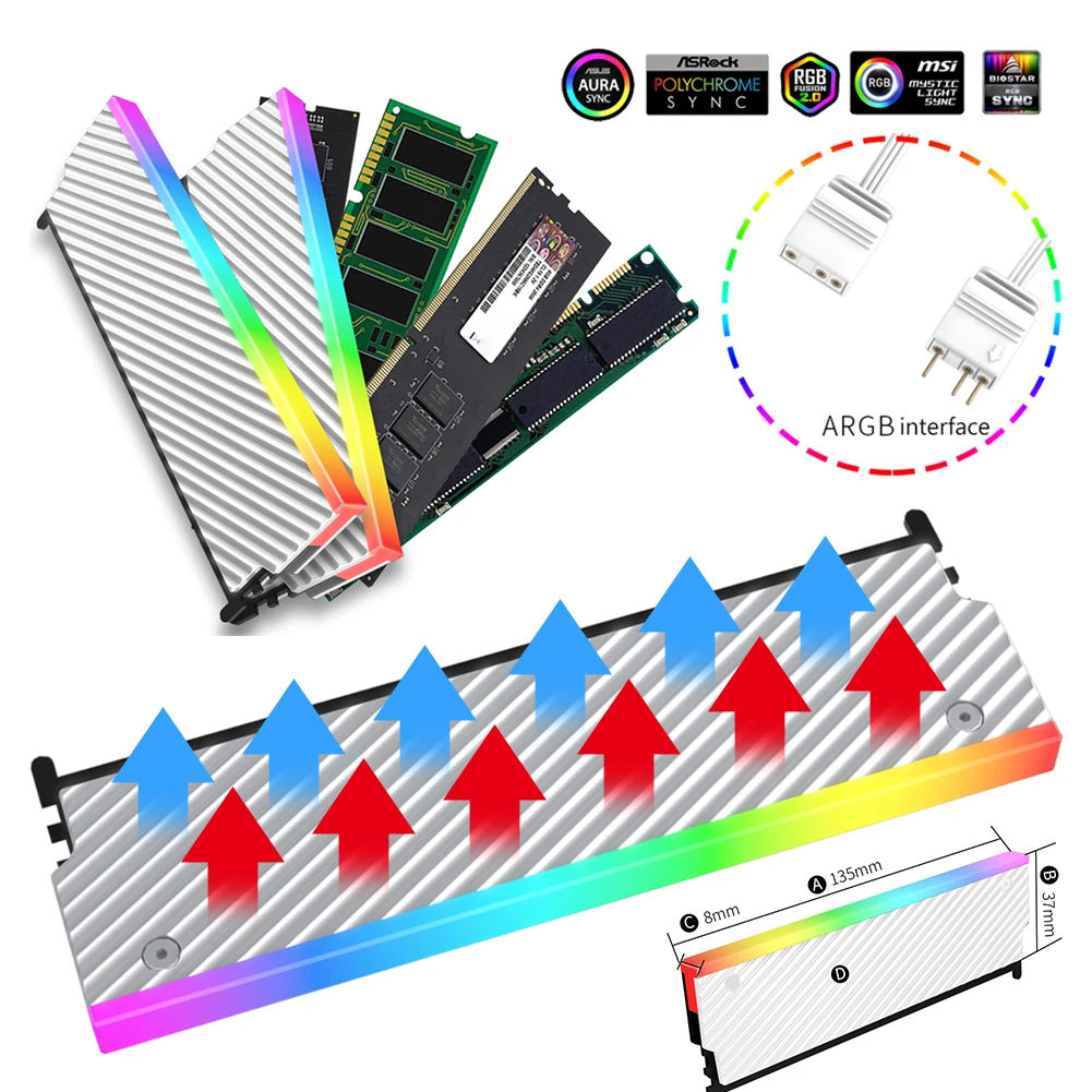 

Universal Memory Heat Sink 5V 3PIN ARGB RAM Heatsink Radiator Cooler Aura Sync PC Memory Cooling Vest with Thermal Silicone Pad