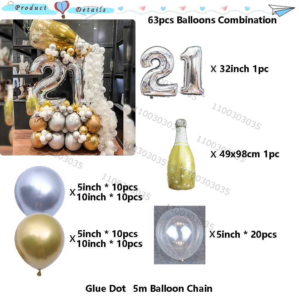 63pcs Number Gold Bottle Aluminium Foil Balloons Chain Set Adult 21 30 40 50th Birthday Party Decorations Globos Supplies Toys