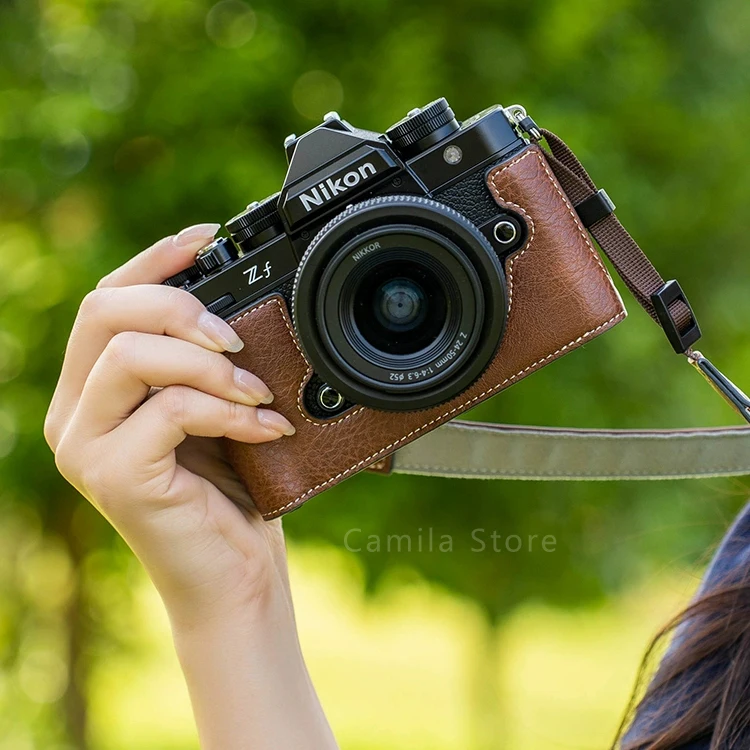 Ręcznie wykonany aparat fotograficzny Litchi ziarno antypoślizgowe ze skóry PU etui na obudowę NIKON Z-F ZF ochronna podstawa z otwartym akumulatorem