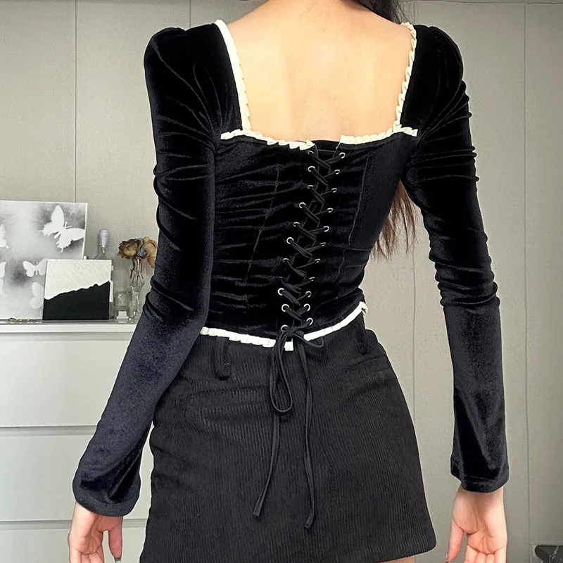 DGLUKE Vintage Black Velvet Blouse Top Square Neck Long Sleeve Cropped Blouses For Women Fashion 2024 Elegant Shirts And Blouses