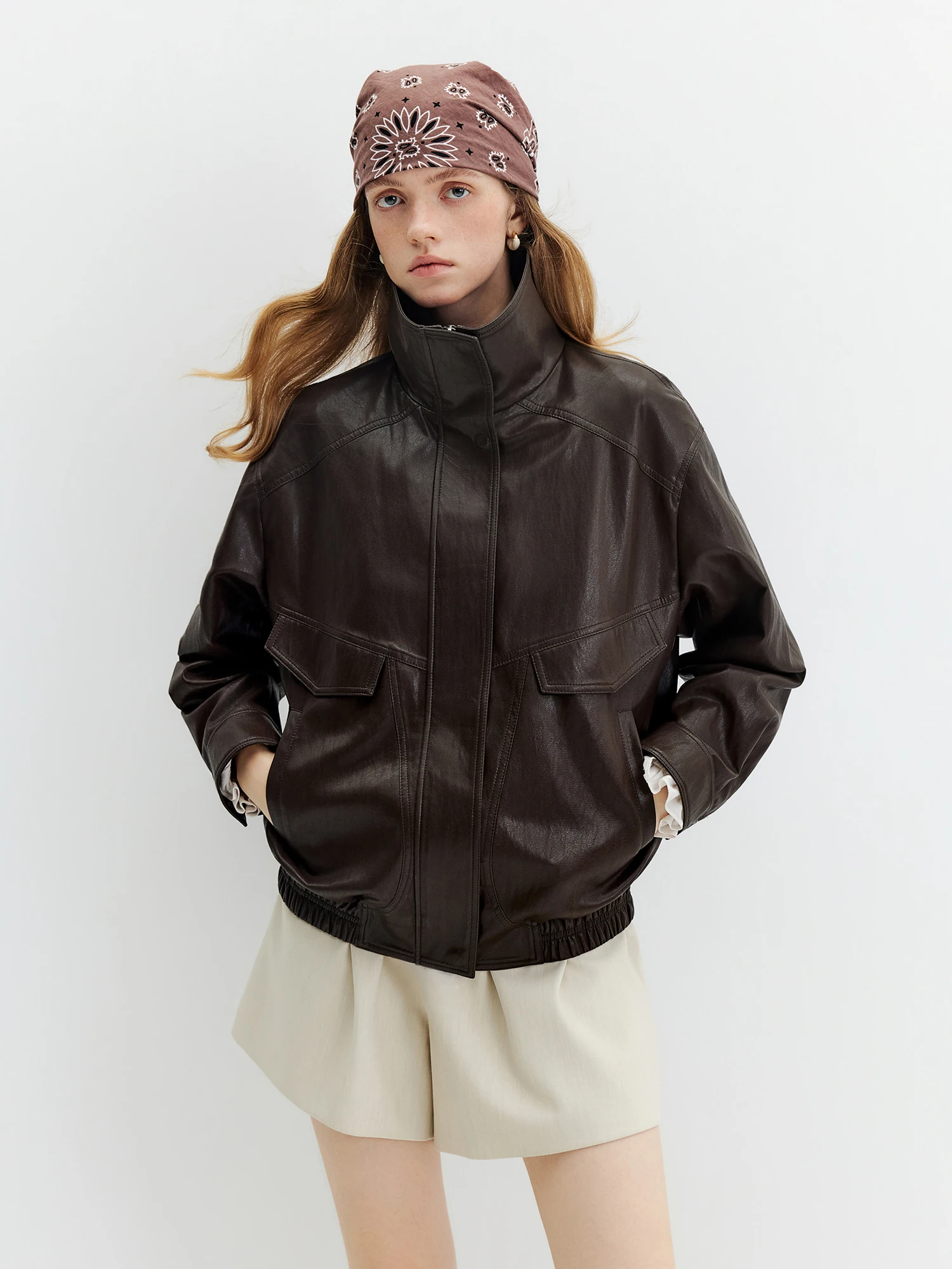 FSLE 2026 Fall Women's Vintage Stand Collar PU Leather Biker Jacket - Chic Cropped Design for Daily and Evening Outings