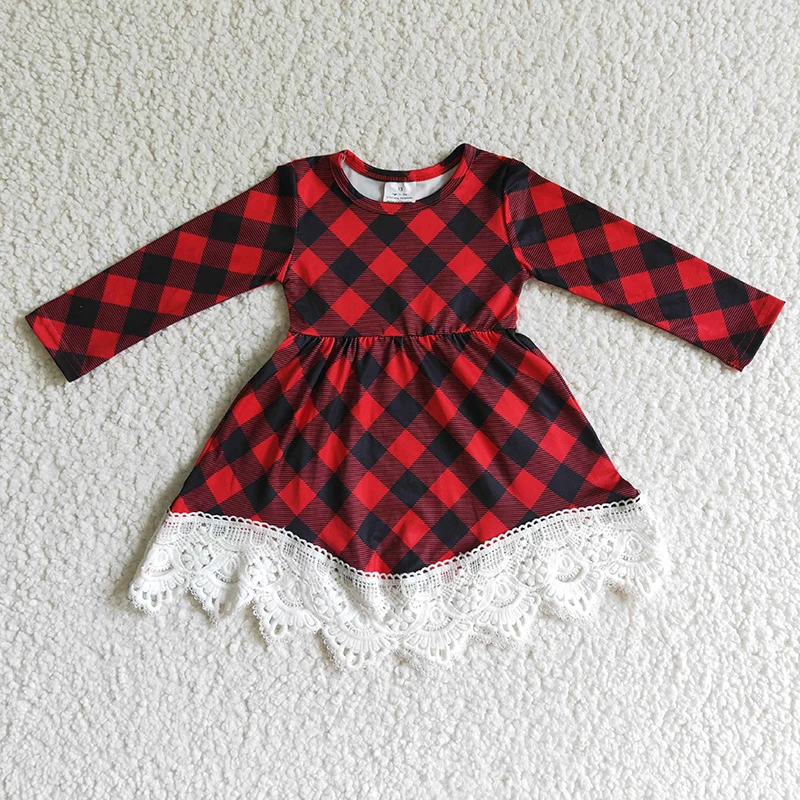 Christmas Baby Girl Red Black Plaid Long Sleeve Lace Twirl Dress Wholesale Kids Children Fashion Toddler Holiday Ruffle Clothes