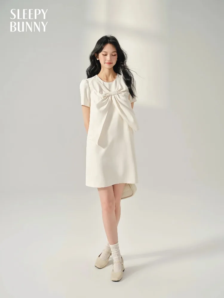 

Elegant Short Sleeve Bowknot Dress for Women Summer Sweet Mini Tunic Fake Two Piece Design for Daily or Party Look Outfits Style