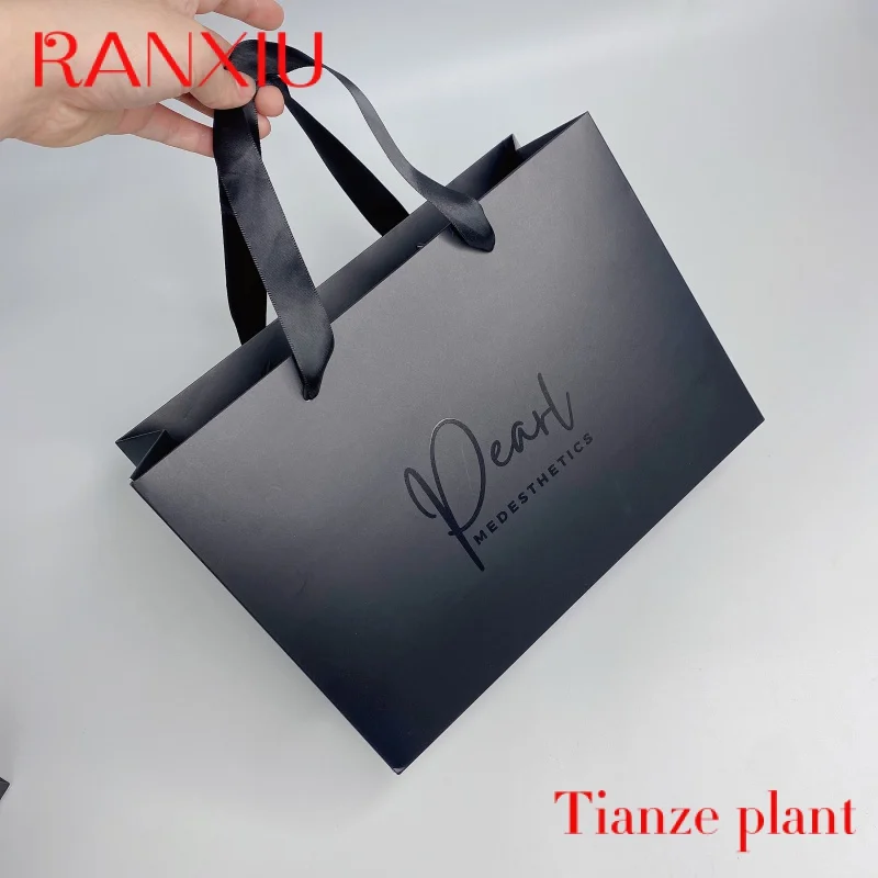 Custom custom printed black  luxury shopping gift paper bag with handle and bow ,luxury paper bags with your own logo