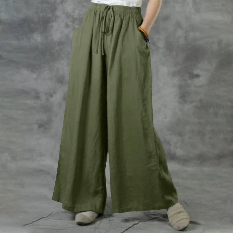 Autumn Winter Loose Casual Straight Pant Solid Color Cotton Linen Elastic Waist Wide-Leg Pants Ladies Street Drawstring Trousers