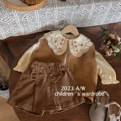 2023 Fall and Winter Kids Clothes Girls Baby Girls Knit Vest Shirt Shorts 3-piece Set Toddler Cute French Embroidered Shirt 2-8y