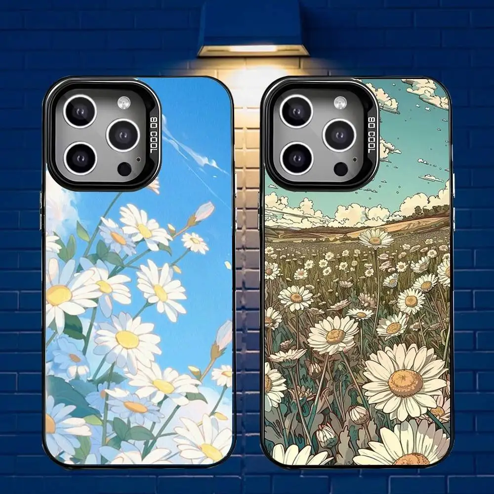 

Anime Scenery Daisy Flowers Leaves Phone Case For iPhone 16,15,14,13,12,11,Mini,Pro,E,MAX Gray Matte Silicone Black Cover