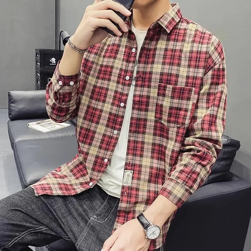 Men Plaid Shirt Flannel Long Sleeve Stripe Shirts Street Pocket Japan Cotton Loose Slim Fit Male Casual Soft Tuxedo Formal Shirt