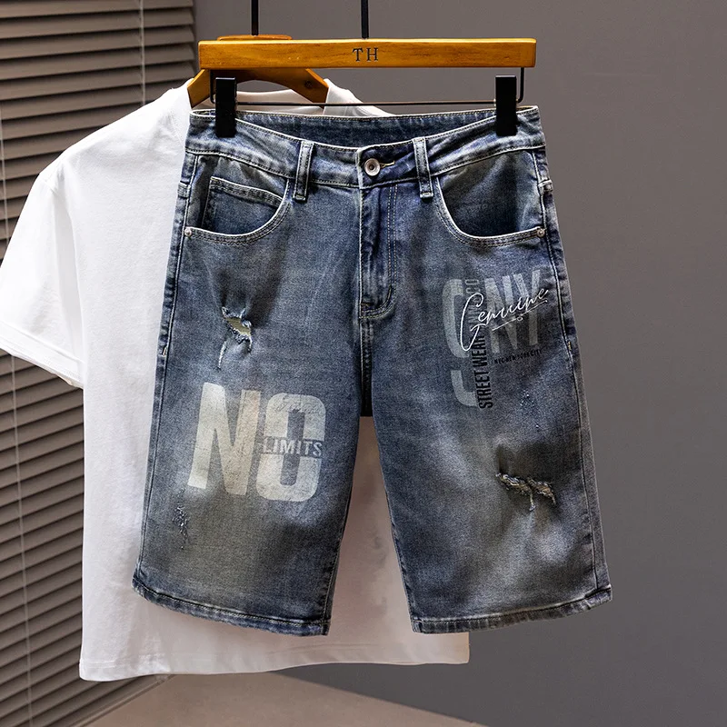 2024Summer thin denim shorts men's fashionable printed casual all-match elastic soft fashionable high-end scratch cropped pants