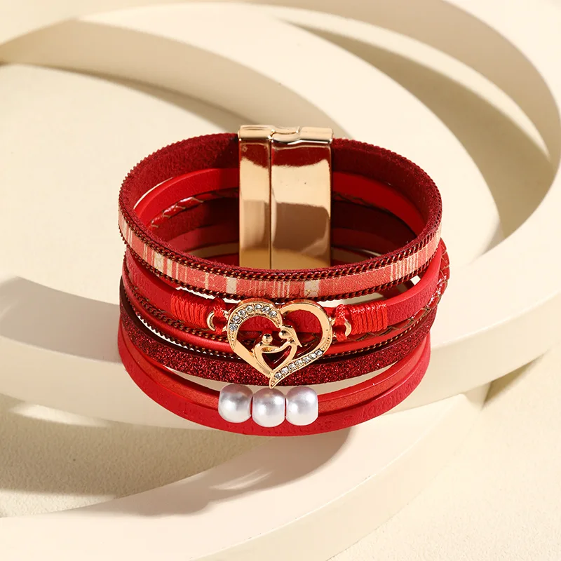 WYBU Boho Style Multi Layer Leather Bracelet for Women Luxury Jewelry Cupid Heart Open Magnet Buckle Bracelet as a Holiday Gift