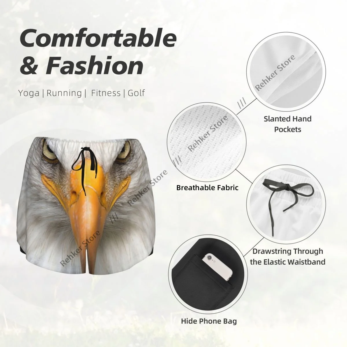 Bald Eagle ผู้หญิง Double Layered Quick-Dry กางเกงขาสั้นกีฬาสําหรับวิ่งพักผ่อนกลางแจ้งฟิตเนสออกกําลังกายกีฬา