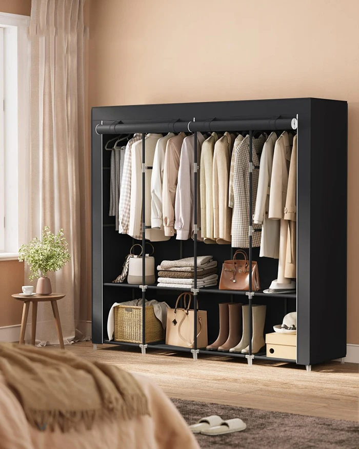Lightweight non-woven, foldable wardrobe, easy install, adjustable shelves, sturdy, large capacity, portable closet