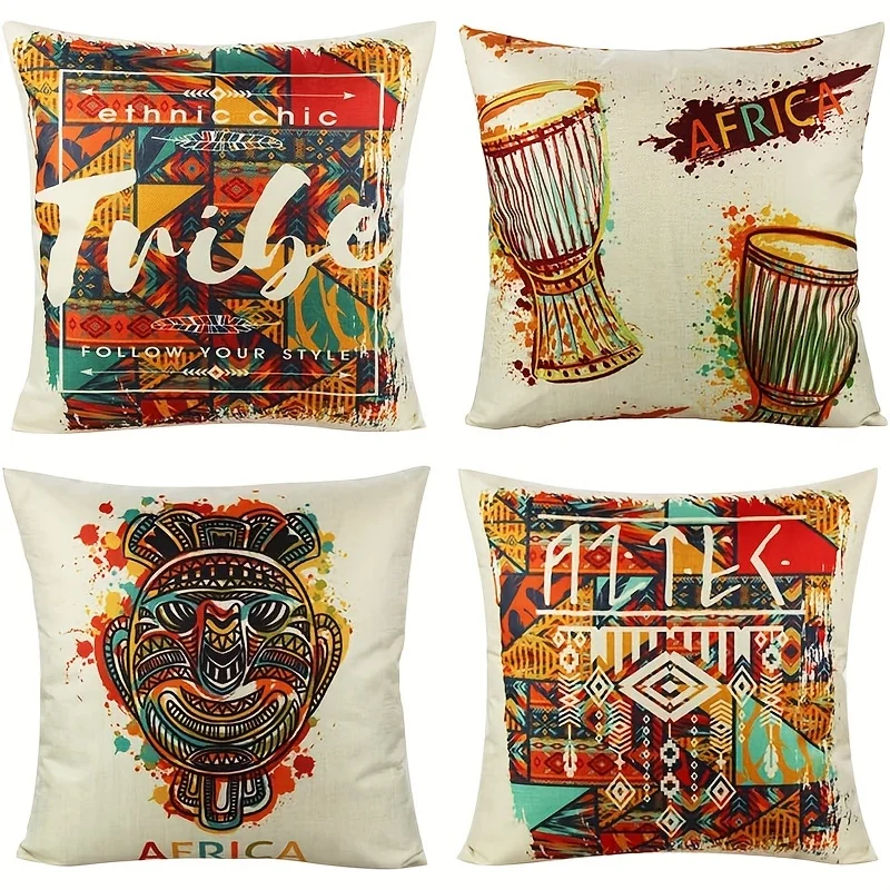 4pcs Africa Ethnic Throw Pillow Covers Indian Outdoor Home Decor African Tribal Decorative Multicolor Cushion Cases Drum Totem