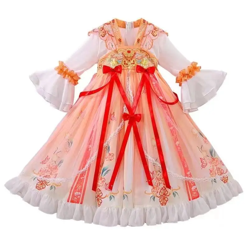 

Весенне-осенний костюм Ханьфу для девочек — Новое платье в стиле Тан с лентами, традиционное китайское платье, костюм для Пурима для девочек