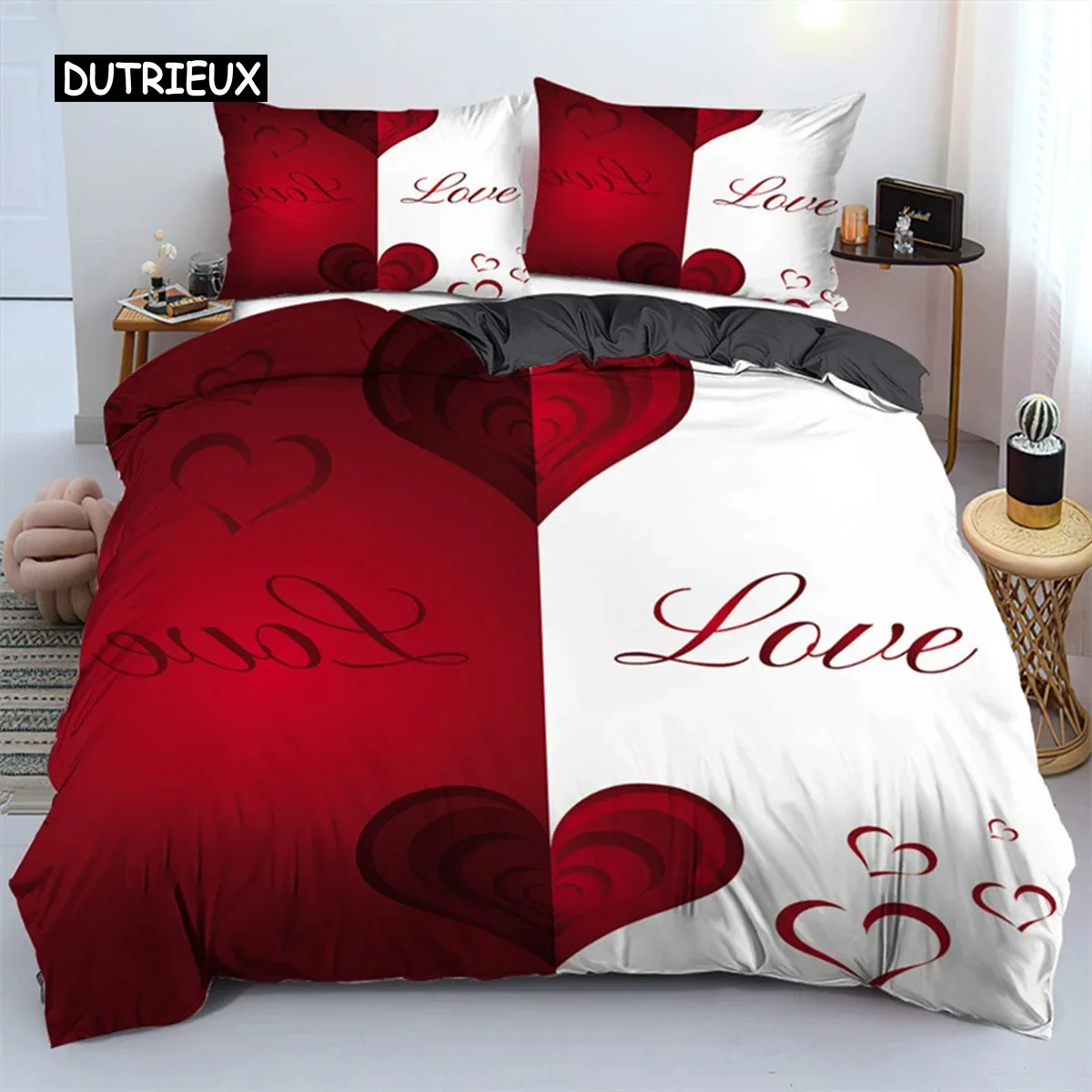 

3D Love Heart Duvet Cover Microfiber Luxury Romantic Theme Bedding Set King Queen For Couple Valentine's Day Bedroom Decor